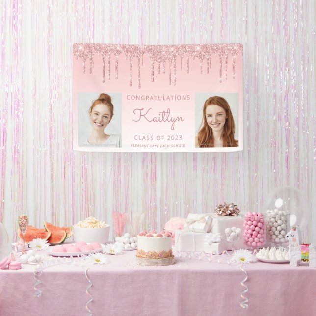 Class of 2023 Pink Glitter Drip 2-Photo Graduation Banner (Party)