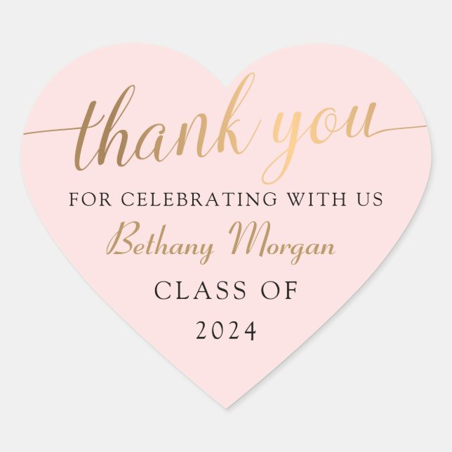 Class of 2023 Pink Gold Graduation Party Thank You Heart Sticker (Front)