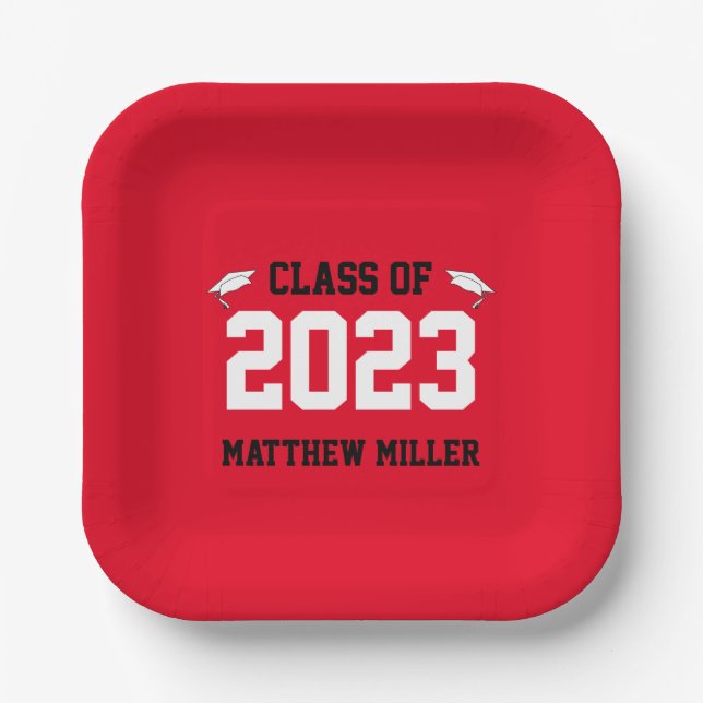 Class of 2023 Red White and Black Graduate Name Paper Plate (Front)