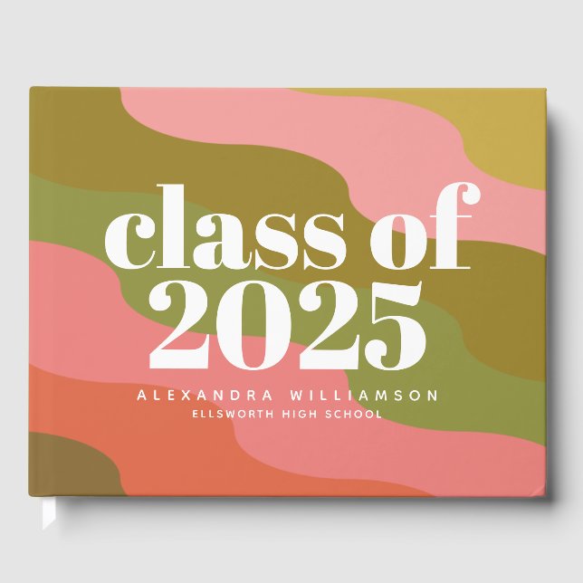 Class of 2023 Retro Groovy Pink and Green Name  Guest Book (Front)
