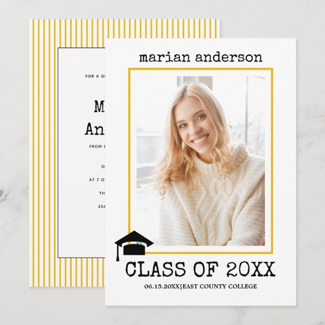 Class of 2023 typewriter yellow graduation photo invitation (Front/Back)