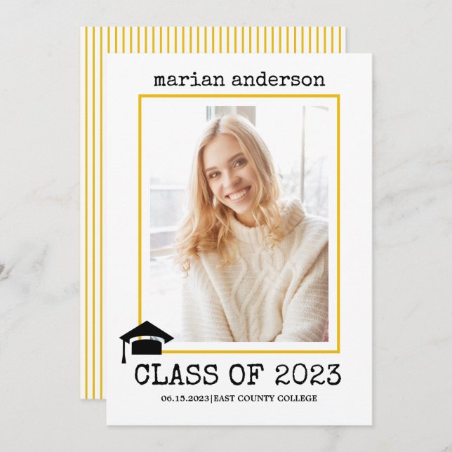 Class of 2023 typewriter yellow graduation photo invitation (Front/Back)