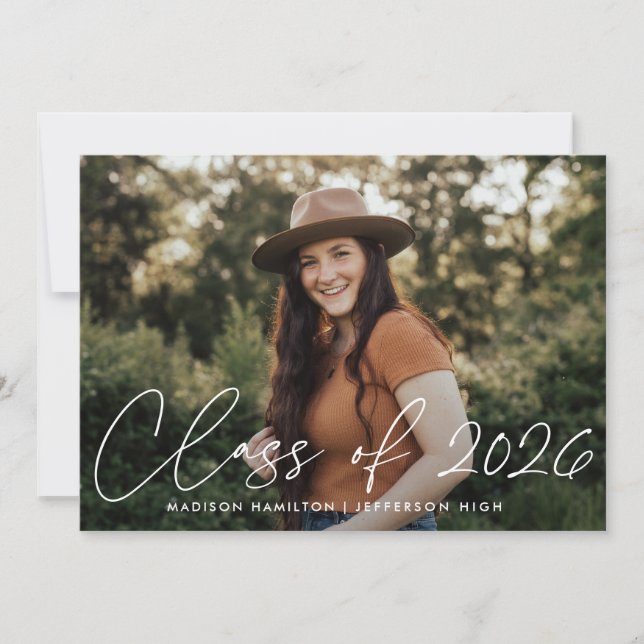 Class of 2023 White Script Photo Graduation Party Invitation (Front)