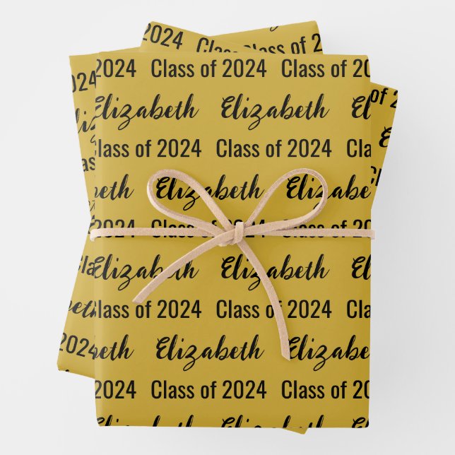 Class of 2024 and Graduate's Name Black and Gold Wrapping Paper Sheet (In situ)