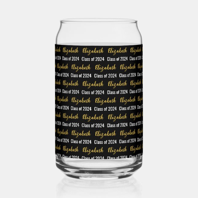 Class of 2024 and Graduate's Name Black White Gold Can Glass (Front)