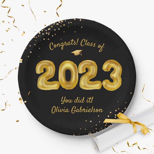 Class of 2024 Balloon, Black Gold Graduation Party Paper Plate (Creator Uploaded)