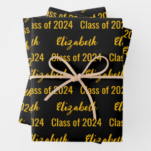 Class of 2024 Black and Gold Graduate's Name Wrapping Paper Sheet