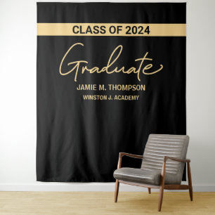 Class of 2024 Black Gold Name Graduation backdrop Tapestry