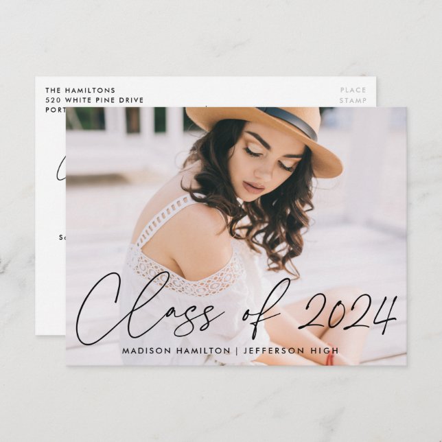 Class of 2024 Black Script Photo Graduation Party Invitation Postcard (Front/Back)