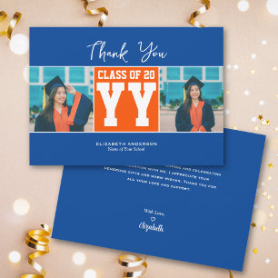 Class of 2024 Blue Orange Graduation Photo Collage Thank You Card