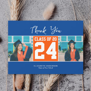 Class of 2024 Blue Orange Graduation Photo Collage Thank You Card