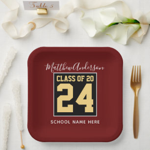 Class of 2024 Burgundy Black and Gold Graduation Paper Plate