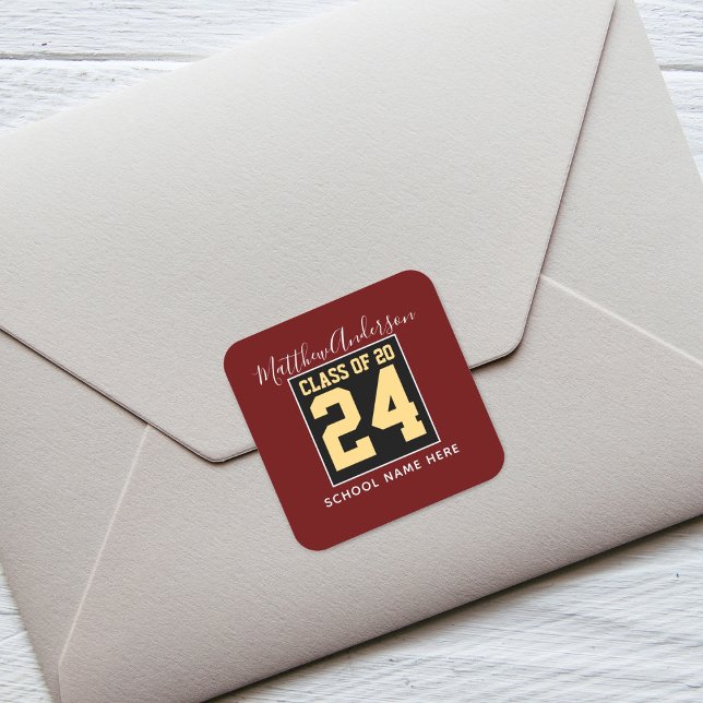 Class of 2024 Burgundy Black and Gold Graduation Square Sticker (Creator Uploaded)