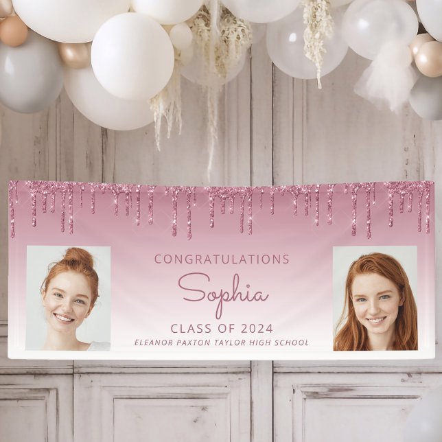 Class of 2024 Burgundy Glitter 2-Photo Graduation Banner (Creator Uploaded)