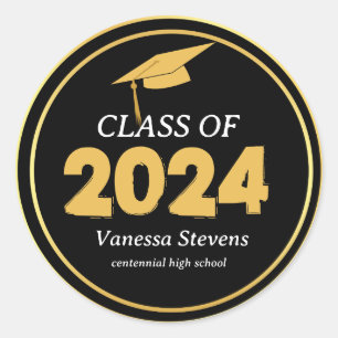 Class of 2024 Elegant Black Gold Personalised  Classic Round Sticker