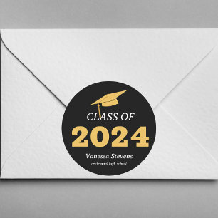 Class of 2024 Elegant Black Gold Personalised Classic Round Sticker