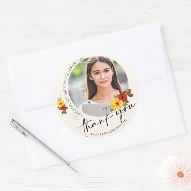 Class Of 2024 Floral Photo Graduation Thank You Classic Round Sticker (Envelope)