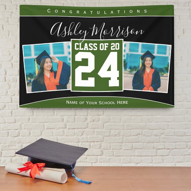 Class of 2024 Forest Green Black Graduation Photo Banner (Creator Uploaded)