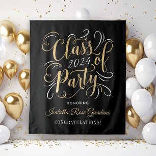 Class of 2024 Gold Black Custom Graduation Party Tapestry