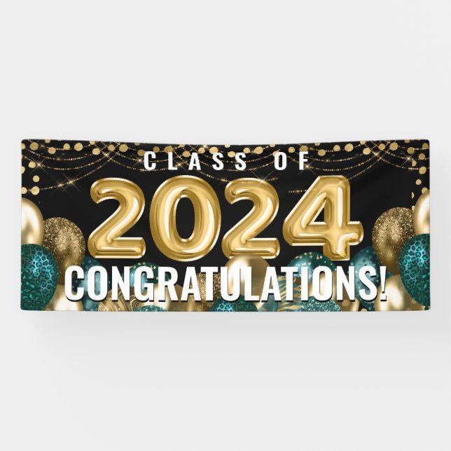 Class of 2024 Gold Glitter Balloons Graduation Banner (Horizontal)