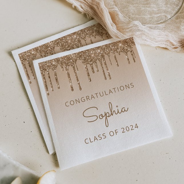 Class of 2024 Gold Glitter Drip Graduation Napkin (Creator Uploaded)