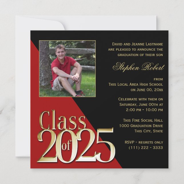 Class of 2024 Gold Grad Red and Black with Photo Invitation (Front)