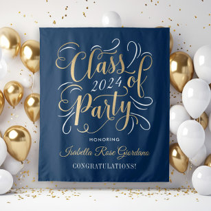 Class of 2024 Gold Navy Custom Graduation Party Tapestry