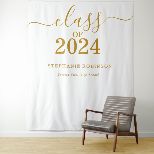 Class of 2024 Gold Script Graduation Backdrop Prop Tapestry (In Situ)