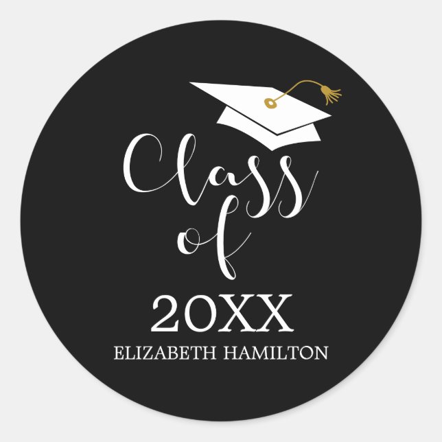 Class of 2024 Grad Cap Chic Calligraphy Classic Round Sticker (Front)