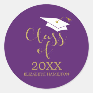 Class of 2024 Grad Cap Gold Glitter Calligraphy  Classic Round Sticker