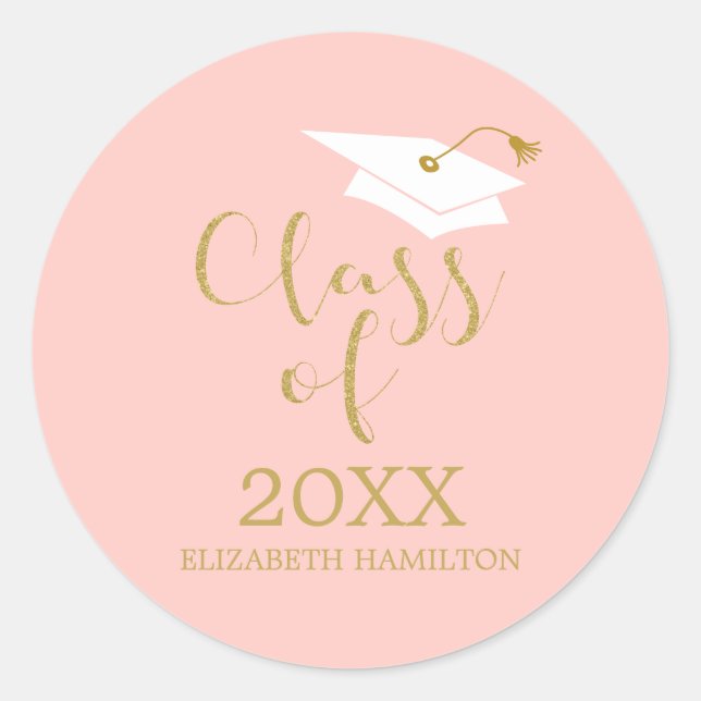 Class of 2024 Grad Cap Gold Glitter Calligraphy  Classic Round Sticker (Front)
