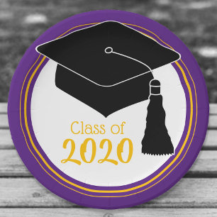 Class of 2024 Grad Cap Purple and Gold Paper Plate