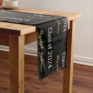 Class of 2024 Grads Full Name Black White and Gold Short Table Runner