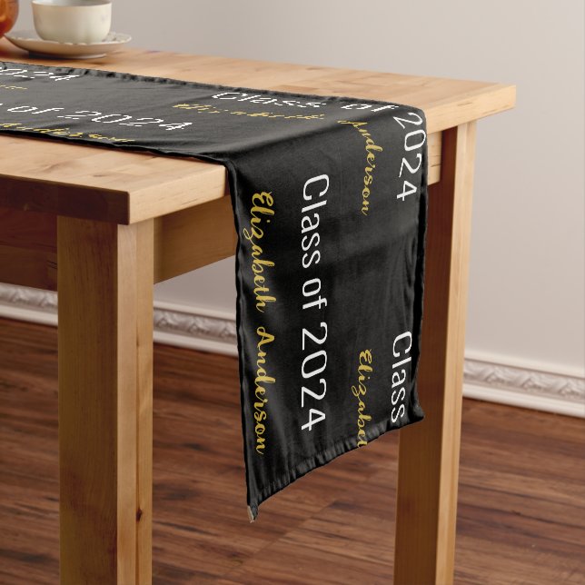 Class of 2024 Grads Full Name Black White and Gold Short Table Runner (In Situ)