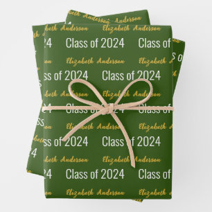 Class of 2024 Grads Full Name Green White Gold Wrapping Paper Sheet