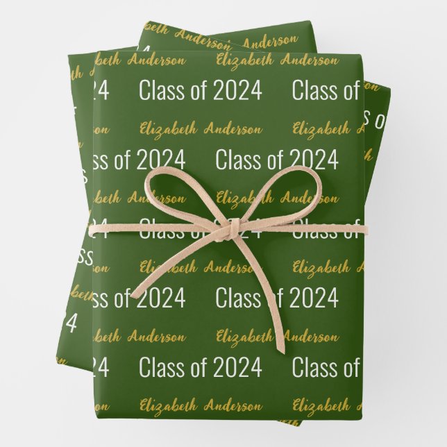 Class of 2024 Grads Full Name Green White Gold Wrapping Paper Sheet (In situ)