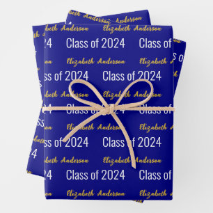 Class of 2024 Grads Full Name Navy Blue White Gold Wrapping Paper Sheet