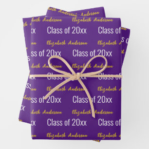 Class of 2024 Grads Full Name Purple White Gold Wrapping Paper Sheet