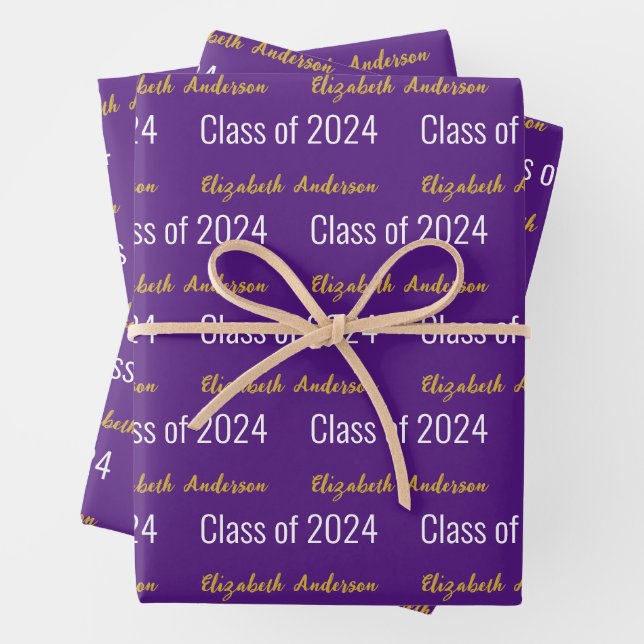 Class of 2024 Grads Full Name Purple White Gold Wrapping Paper Sheet (In situ)