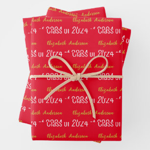 Class of 2024 Grads Full Name Red White Gold Wrapping Paper Sheet