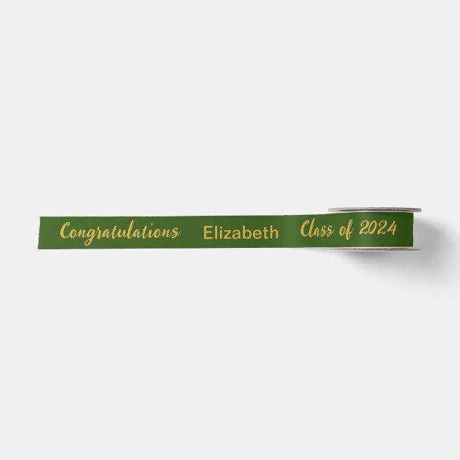 Class of 2024 Graduate Name Dark Green Gold Script Satin Ribbon (Front)