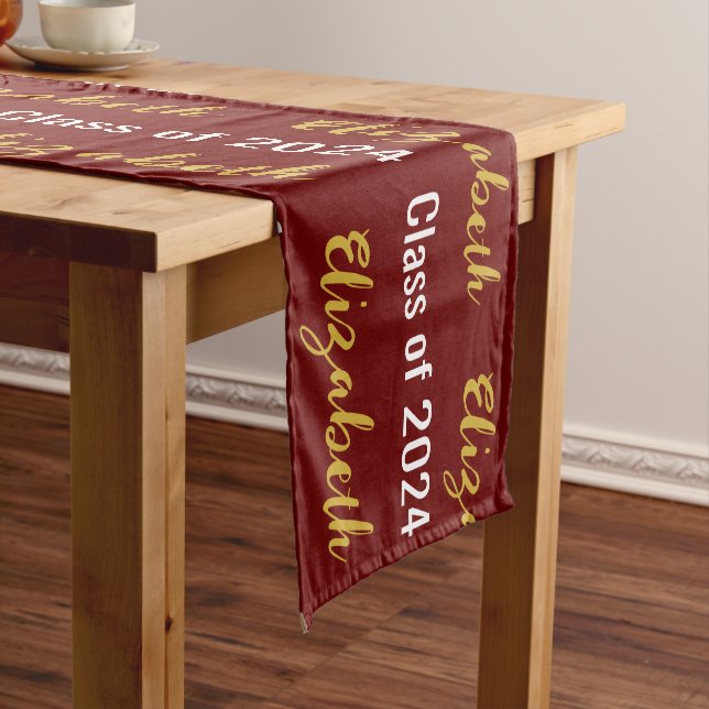 Class of 2024 Graduate's Name Dark Red White Gold Short Table Runner (In Situ)