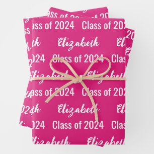 Class of 2024 Graduate's Name Hot Pink and White Wrapping Paper Sheet