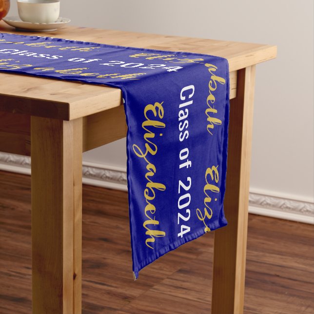 Class of 2024 Graduate's Name Navy Blue White Gold Short Table Runner (In Situ)