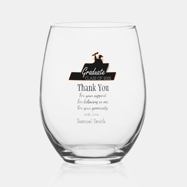 Class Of 2024 Graduation Script Scroll Thank You Stemless Wine Glass (Front)