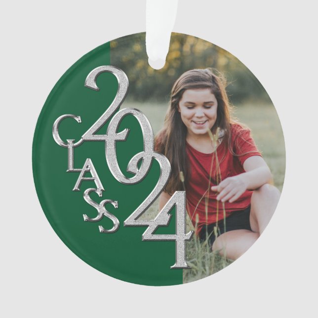 Class of 2024 Green and Silver with Photo Ornament (Front)