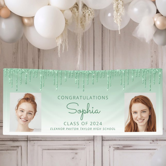 Class of 2024 Green Glitter 2-Photo Graduation Banner (Creator Uploaded)