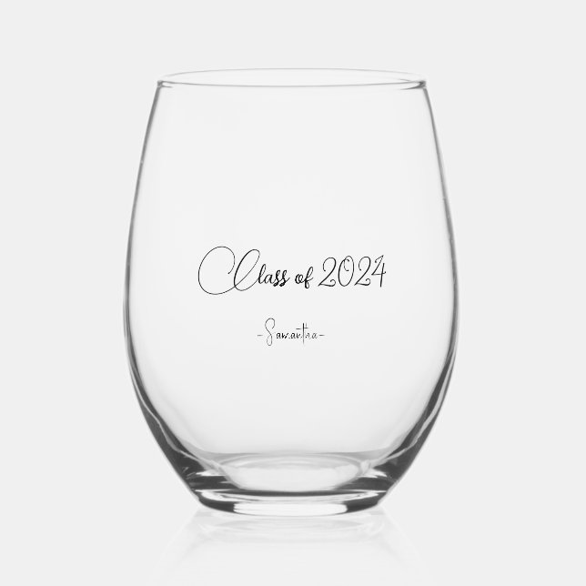 Class of 2024 Modern Elegance personalised name Stemless Wine Glass (Front)