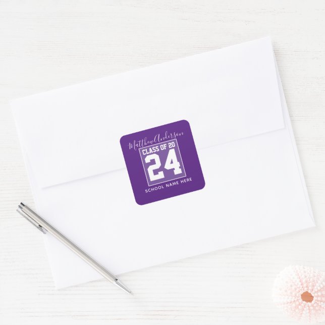 Class of 2024 Modern Royal Purple Graduation Square Sticker (Envelope)