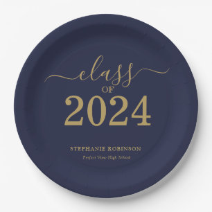 Class of 2024 Navy Blue Gold Graduation Party Paper Plate